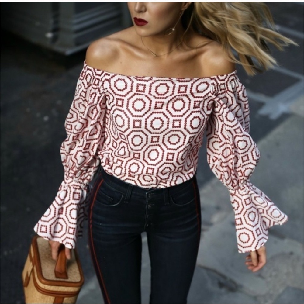 Alexis Micael Embroidered Eyelet Off the Shoulder Top Red and White S